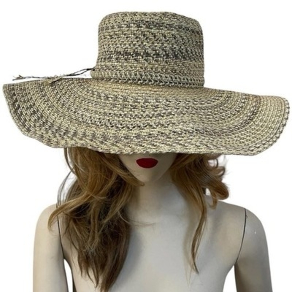David & Young Wide Brim Floppy Sun Hat Paper Straw Mixed Tweed Natural Gray VG - Picture 6 of 9